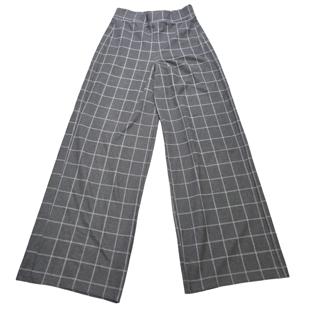 Zara Wide Leg High Rise Trousers Women's Size M Grey Windowpane Plaid Stretch
